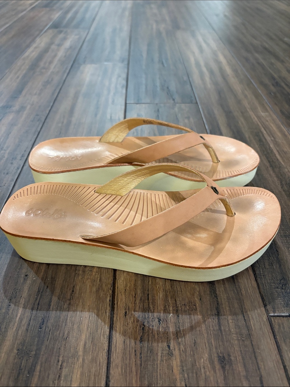 Olukai Ladies Platform Flip Flops in Nude and White - Comfort Wedge Sandals